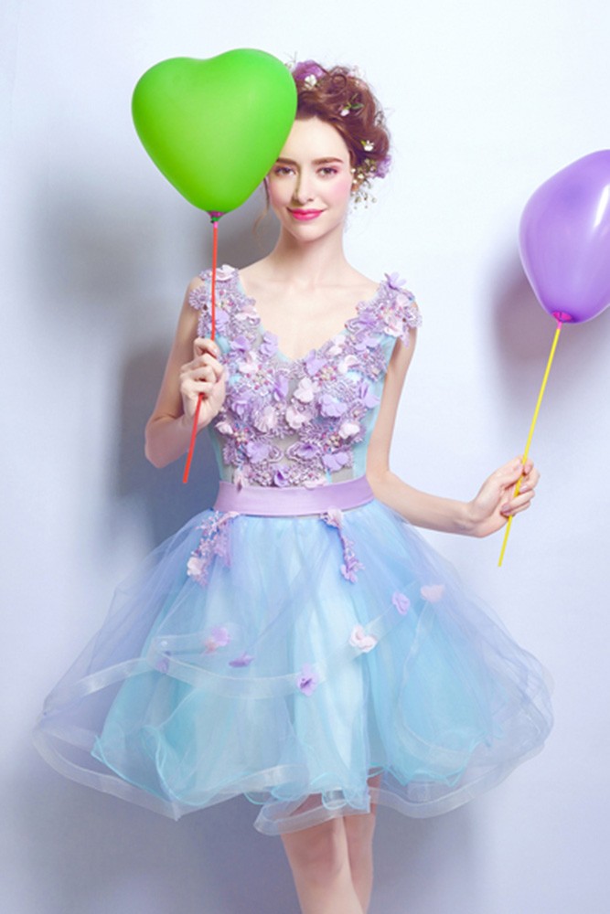 Lavender Blue Floral V-neck Prom Dress Cocktail For Juniors #AGP18244 ...