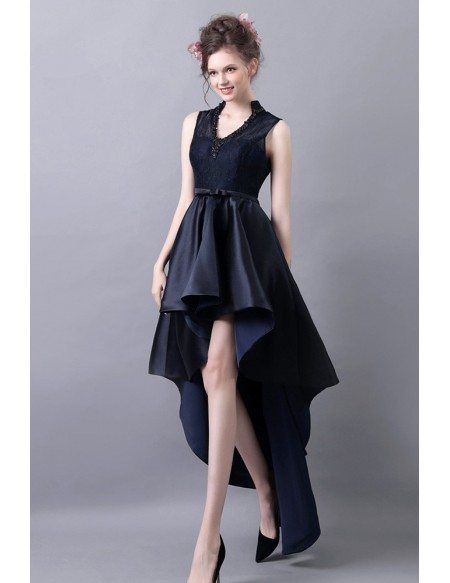 High Low V-neck Formal Prom Dress With Lace Beading Dark Navy Blue
