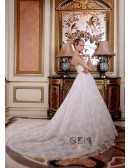 Ball-Gown Strapless Cathedral Train Lace Tulle Wedding Dress With Beading