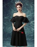 Simple Black Tea Length Party Dress With Off Shoulder Puffy Sleeves