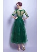 Tea Length Green Lace Prom Dress For Juniors With 1/2 Sleeves