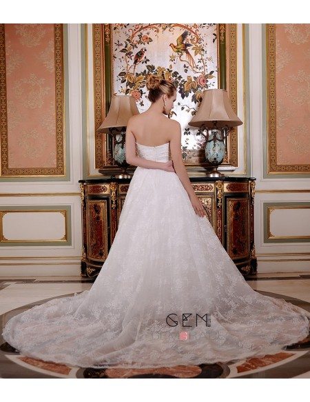 Ball-Gown Strapless Cathedral Train Lace Tulle Wedding Dress With Beading