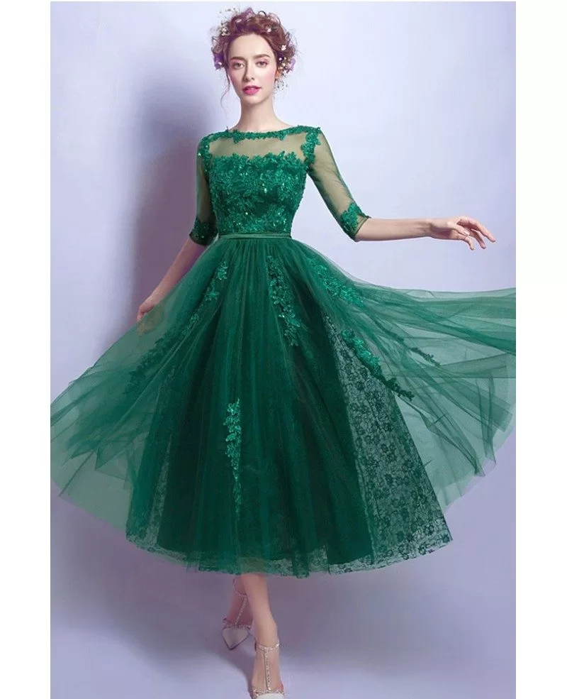 Tea Length Green Lace Prom Dress For Juniors With 1/2 Sleeves #AGP18339 ...