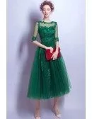 Tea Length Green Lace Prom Dress For Juniors With 1/2 Sleeves