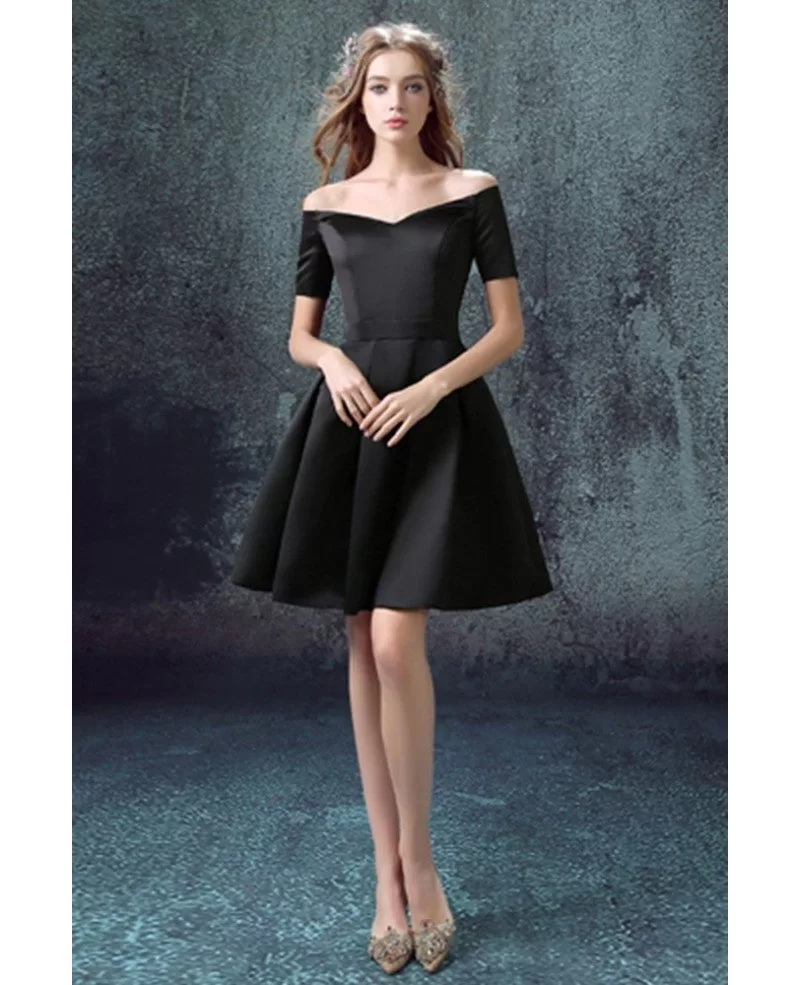 Little Black Cocktail Prom Dress With Off Shoulder Sleeves #AGP18370