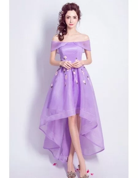 Purple High Low Prom Dress Off The Shoulder With Florals