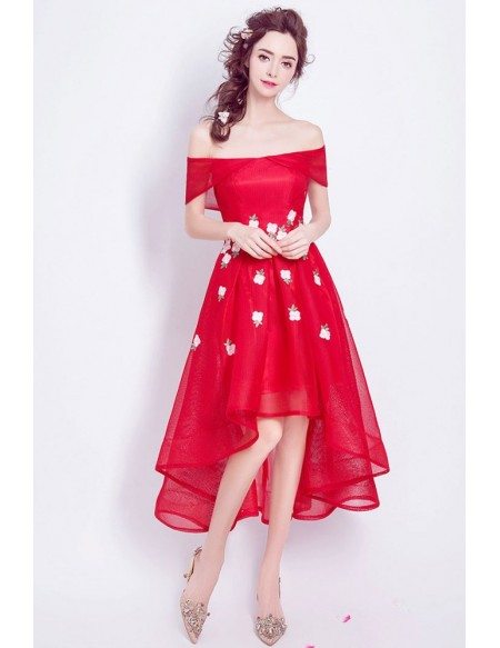 High Low Red Floral Prom Dress With Off The Shoulder Straps
