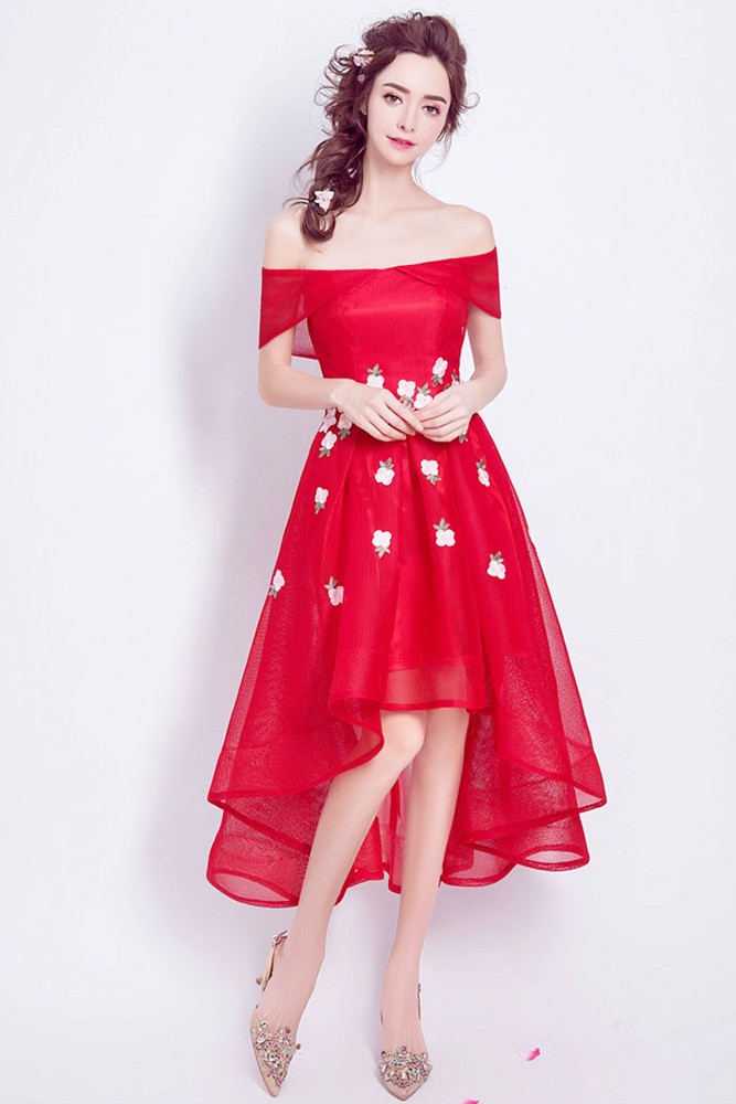 red off shoulder high low dress Linen Blend Red Off Shoulder Midi Dress - All Dresses