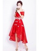 High Low Red Floral Prom Dress With Off The Shoulder Straps