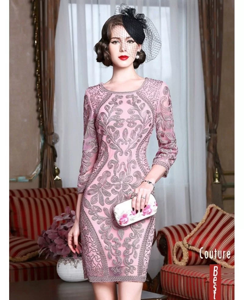 Classy Pink Embroidery Short Wedding Guest Dress 3/4 Sleeves Dress For ...