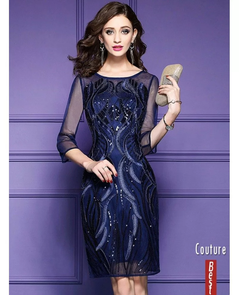 Classy Royal Blue Luxe Embroidered Cocktail Dress For Weddings Wedding Guests ZL8011 GemGrace