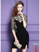 Chic Black Embroidered Wedding Guest Dress With Half Sleeves Side Slit