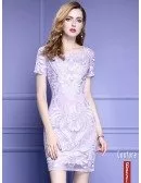 Light Purple Short Sleeve Bodycon Cocktail Dress For Wedding With Embroidery