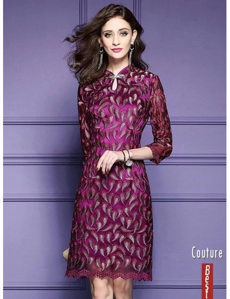 Retro High Neck Qipao Style Dress For Wedding Guest Over 40,50 With Embroidered Sleeves