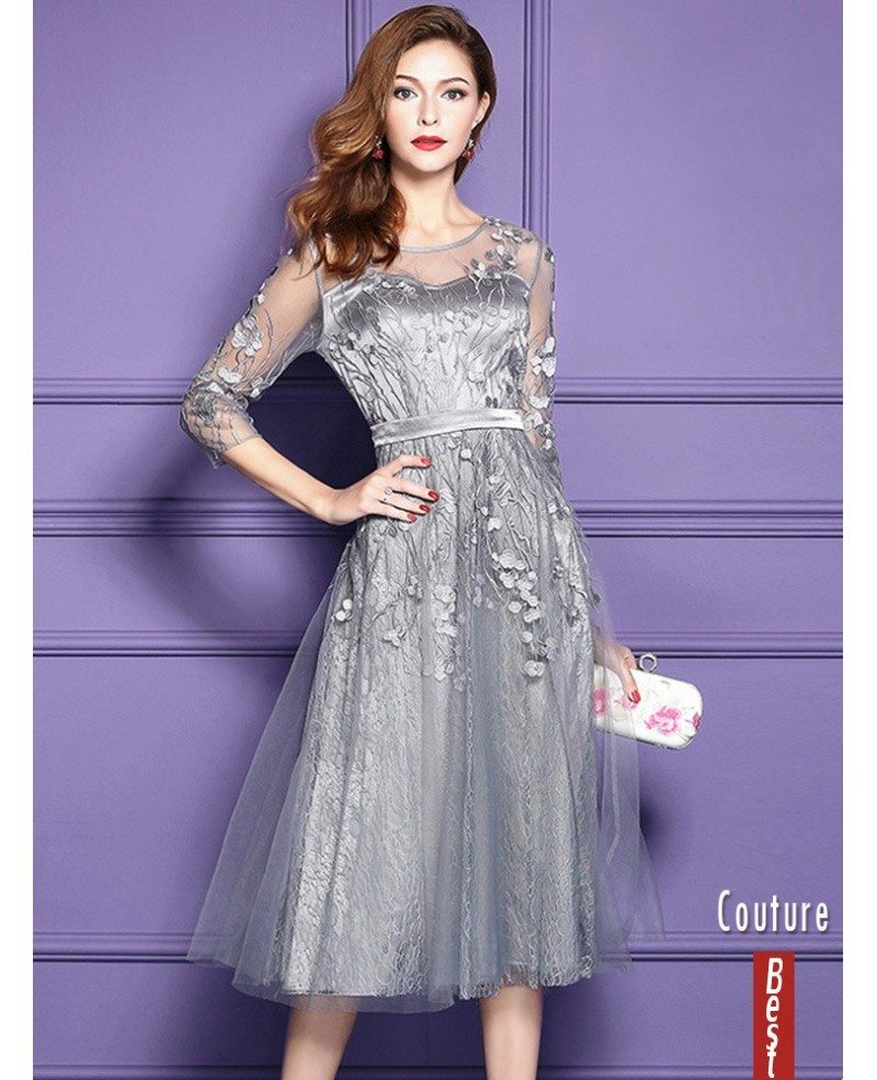 Silver Lace Midi Party Wedding Guest Dress For Fall Weddings With Sleeves ZL8028 GemGrace