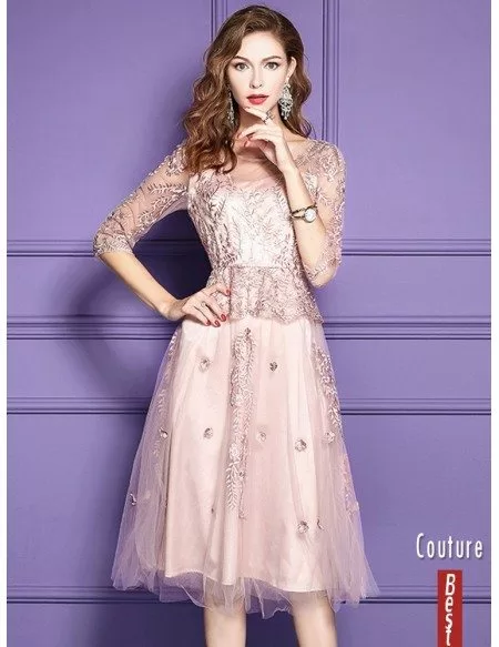 Pink Lace Knee Length Formal Dress For Wedding Guests With Sleeves