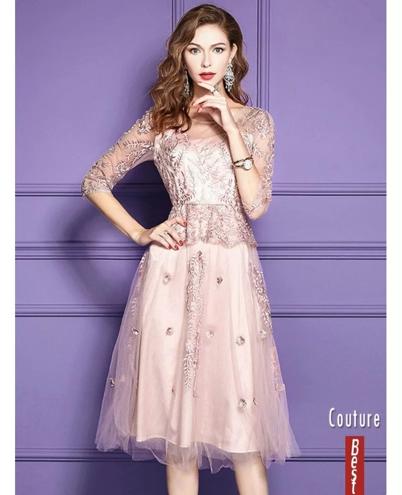 Pink Lace Knee Length Formal Dress For Wedding Guests With Sleeves ZL8035 GemGrace