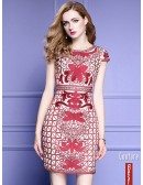 Unique Embroidery Pattern Bodycon Wedding Guest Dress With Cap Sleeves
