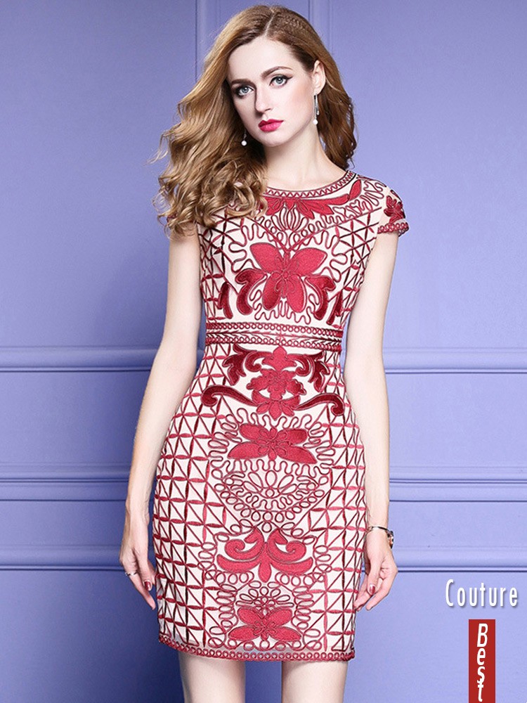 Unique Embroidery Pattern Bodycon Wedding Guest Dress With Cap Sleeves ...