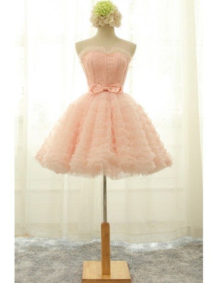 Super Cute Pink Puffy Short Ballgown Prom Dress With Bow