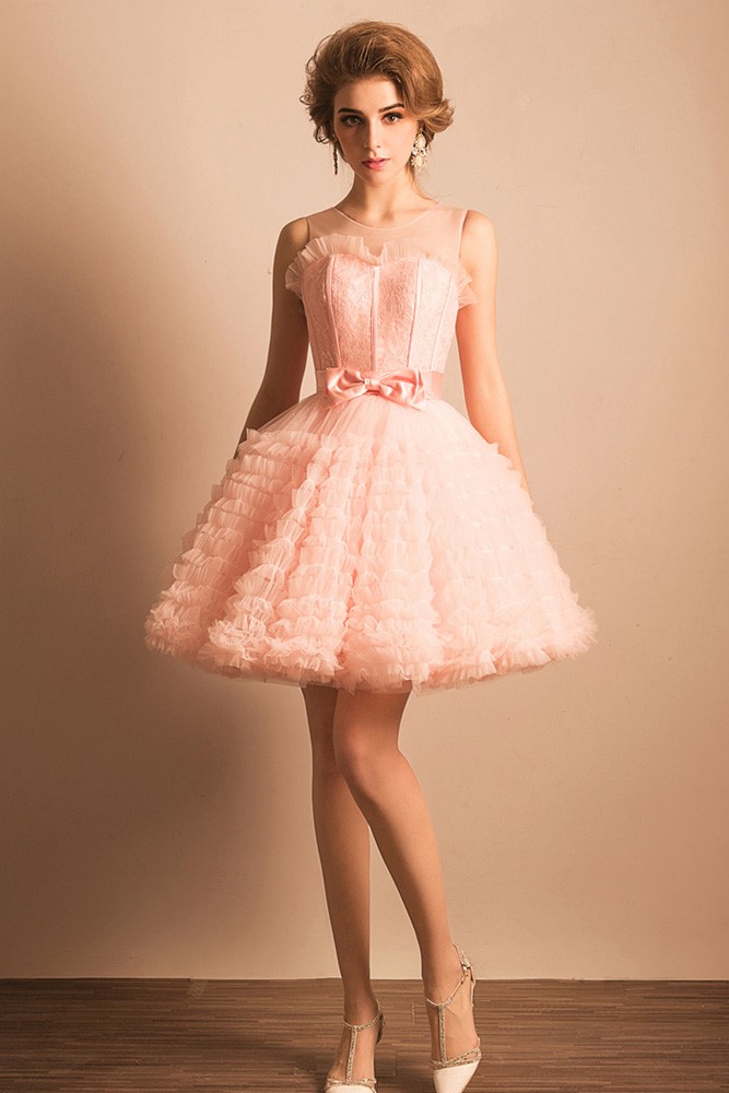 Super Cute Pink Puffy Short Ballgown Prom Dress With Bow AGP GemGrace Com