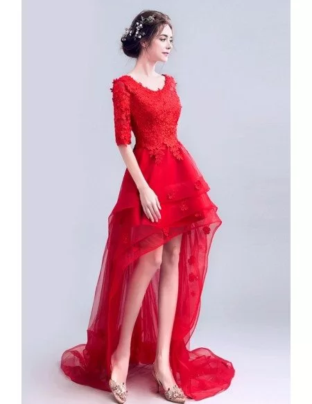 Red Lace High Low Prom Party Dress With Short Sleeves And Train