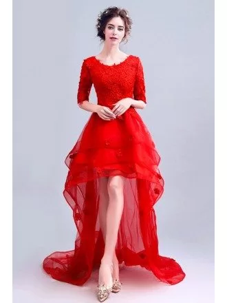 Red Lace High Low Prom Party Dress With Short Sleeves And Train