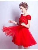 Short Red Lace Party Dress With Cap Sleeves Petals