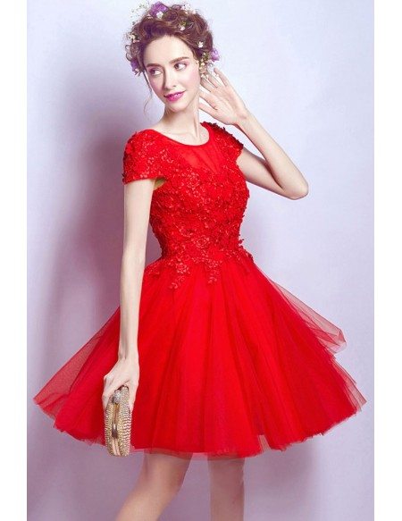Short Red Lace Party Dress With Cap Sleeves Petals #AGP18537 - GemGrace.com