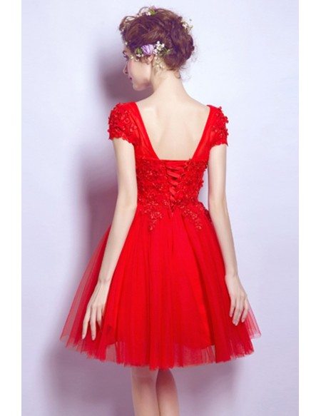 Short Red Lace Party Dress With Cap Sleeves Petals