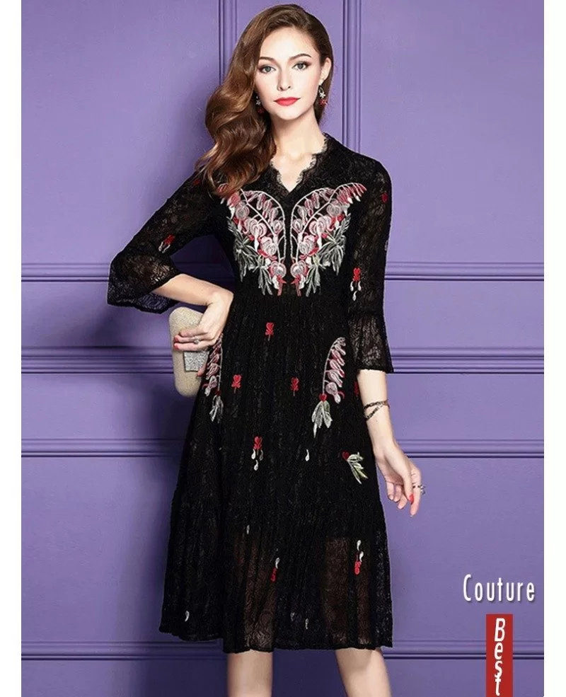 Classy Black Knee Length Lace Wedding Guest Dress For Fall With Sleeves ...