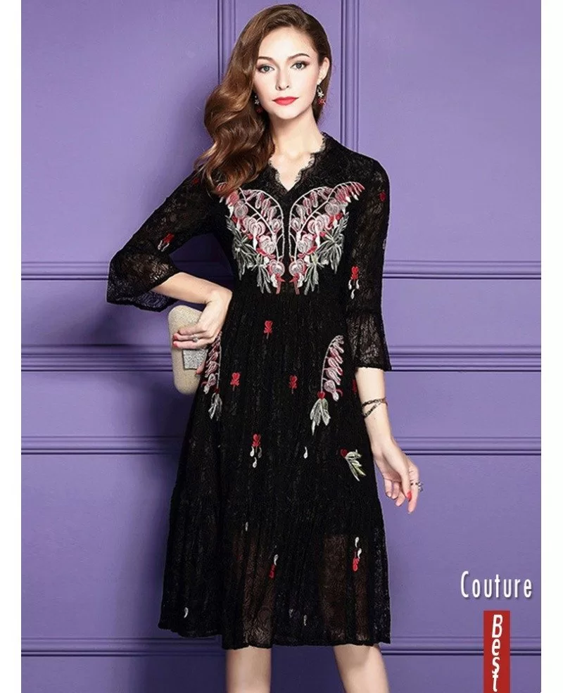 Classy Black Knee Length Lace Wedding Guest Dress For Fall With Sleeves