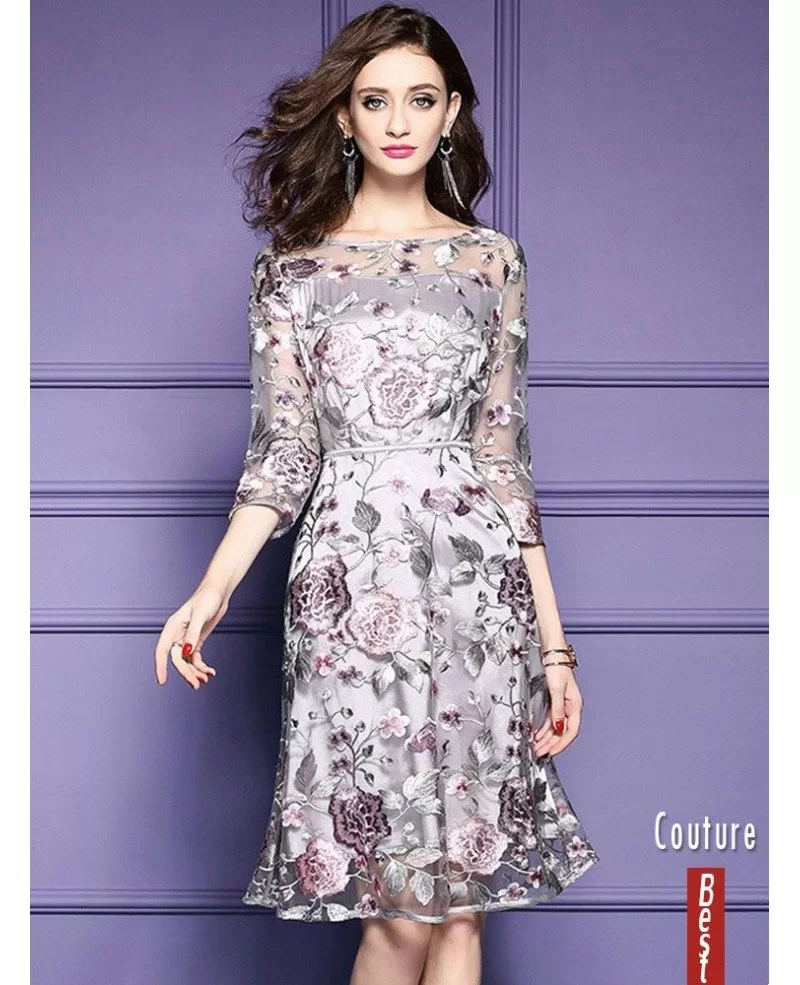 Grey Embroidery Knee Length Floral Party Dress Wedding Guests ZL8094 GemGrace