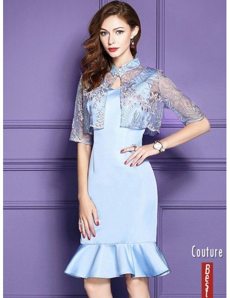 Blue Fit And Flare Knee Length Dress For Weddings With Jacket
