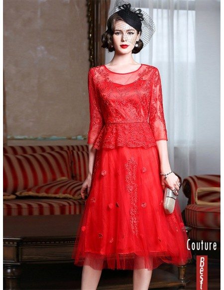 Knee Length Red Lace A Line Party Dress For Wedding Guests