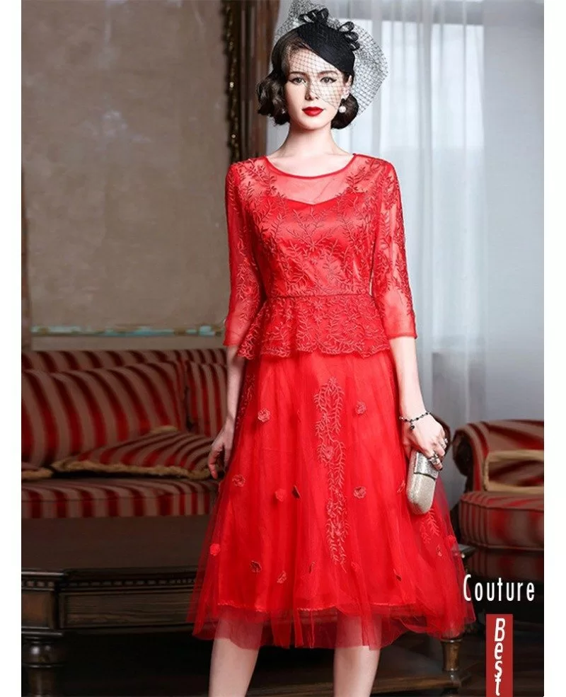 Knee Length Red Lace A Line Party Dress For Wedding Guests #ZL8109 ...