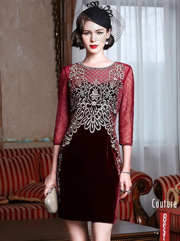Luxury Embroidered Bodycon Velvet Wedding Guest Dress For Fall Weddings ...