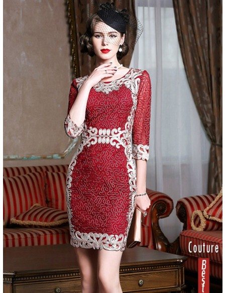 Vintage Burgundy Embroidery Cocktail Party Dress For Weddings Formal