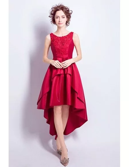 Pretty Burgundy Beaded Lace Prom Dress Hihg Low Sleeveless #AGP18589 ...