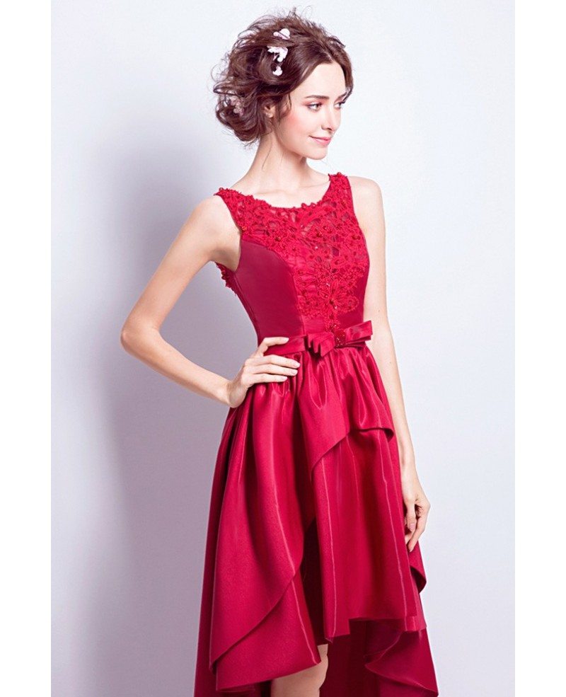 Pretty Burgundy Beaded Lace Prom Dress Hihg Low Sleeveless #AGP18589 ...