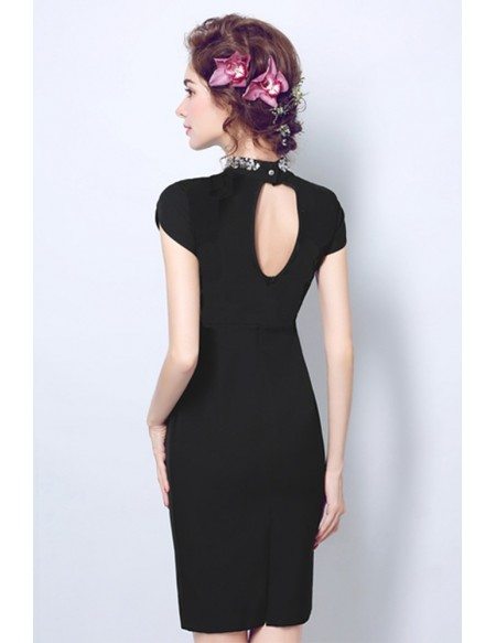 Little Black Bodycon Cocktail Party Dress With Beaded High Neck