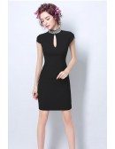 Little Black Bodycon Cocktail Party Dress With Beaded High Neck
