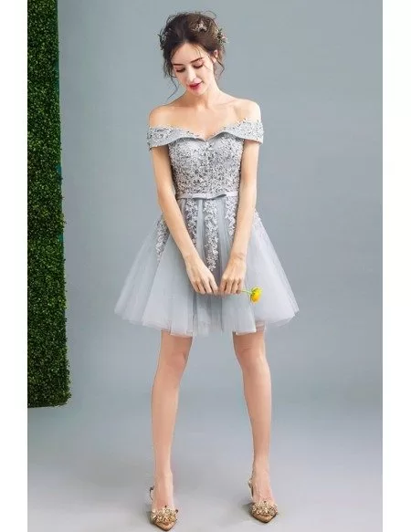 Grey Off Shoulder Short Prom Party Dress With Applique Lace