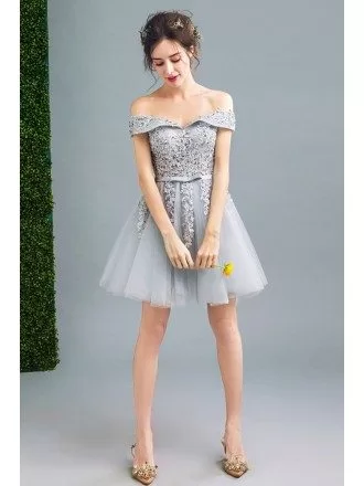 Grey Off Shoulder Short Prom Party Dress With Applique Lace