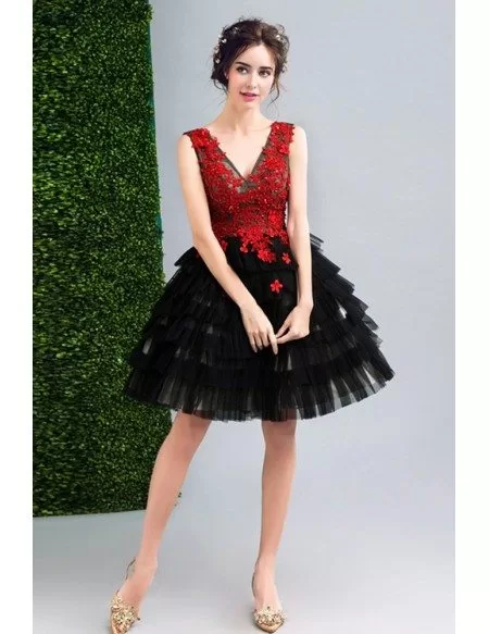 Black And Red Flowers Short Prom Party Dress V-neck Sleeveless