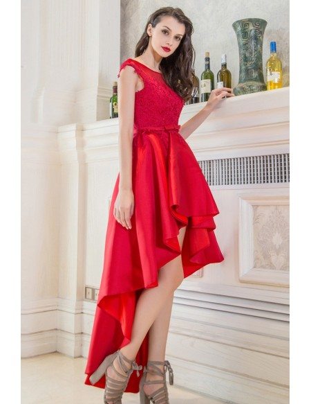 Chic Red High Low Lace Homecoming Prom Dress With Cap Sleeves