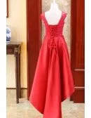 Chic Red High Low Lace Homecoming Prom Dress With Cap Sleeves