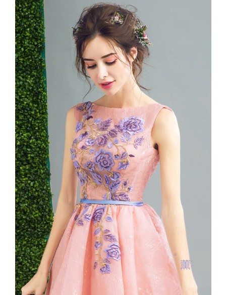 Super Cute Pink Short Prom Party Dress With Embroidery Flowers