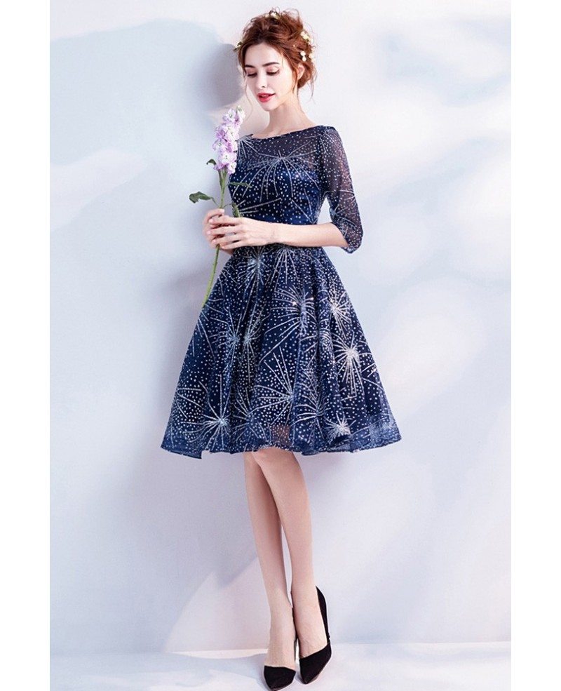 Sparkly Short Navy Blue Homecoming Party Dress With Sleeves #AGP18700 ...