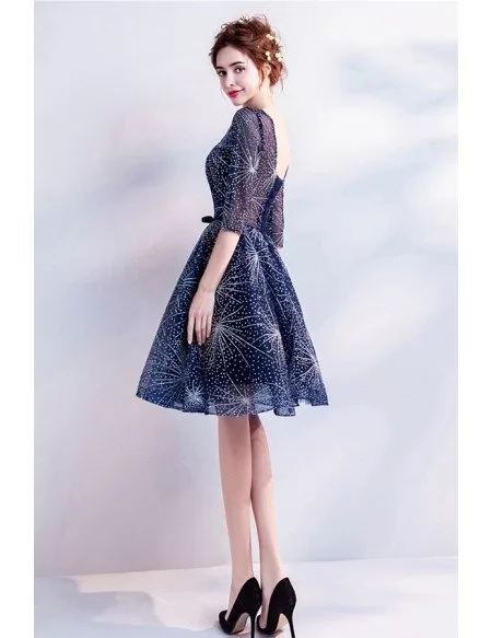 Sparkly Short Navy Blue Homecoming Party Dress With Sleeves
